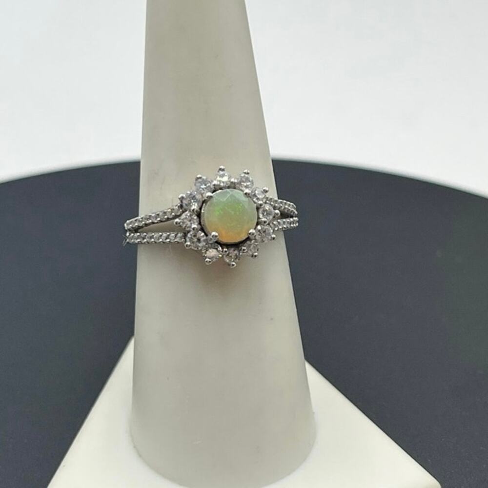 Sterling Silver Natural Opal Vibrant Colors Fire Halo‎ CZ Split-shank Ring 7.5